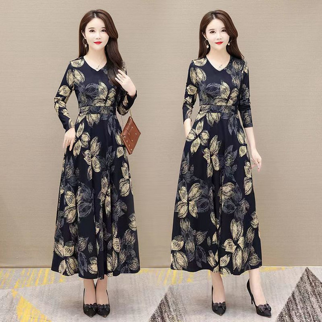 봄 가을 중년 여성 긴팔 원피스 캐주얼 하객룩 엄마옷 슬림핏 미디 스커트 기질 플라워 브이넥 원피스 CY