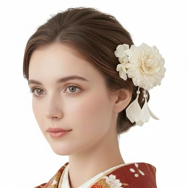 머리 장식 유카타 흰색 아이보리 코사지 플라워 액세서리 와소 양복 겸용 성인식 결혼식 졸업식 입학식 꽃 머리핀 웨딩 헤어 액세서리 꽃 코사지 헤어클립