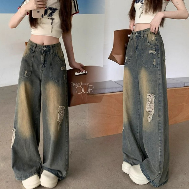 UNIQUEZON 여성 빈티지 키작녀 청바지 찢어진 와이드 일자 데님 바지 빅사이즈 봄 여름
