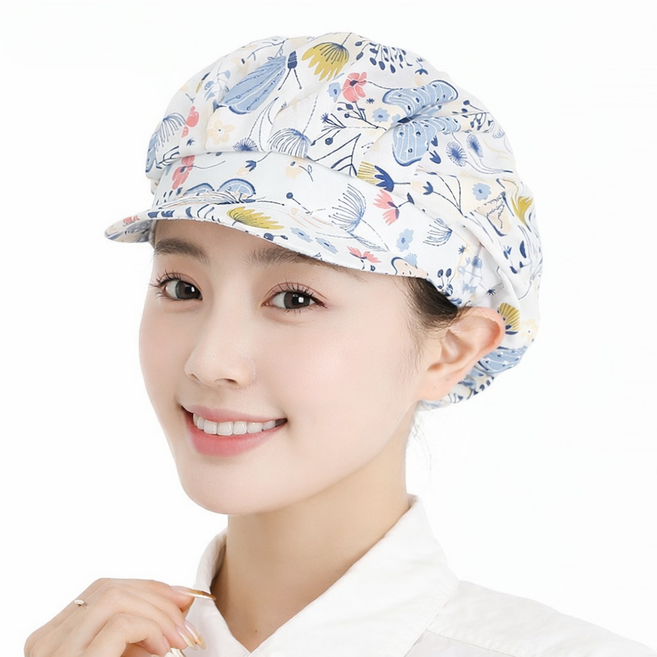 YIEUN 여성용 주방모자 두건 조리 알바 조리모 주방캡 꽃무늬 위생모자, 나비와꽃, 1개
