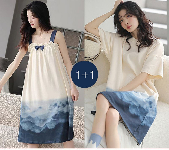 1+1 여성 여름 반팔 파자마 캐주얼 원피스 잠옷 패션 면 슬립 홈웨어 루즈핏 데일리 임산부 실내복 LJX