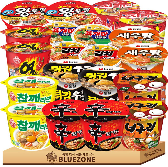 큰컵 용기라면 세트 신라면2 진라면매운맛2 너구리2 튀김우동2 새우탕2 참깨라면2 열라면2 왕뚜껑2 육개장사발면2 김치사발면2 라면스틱2, 20개
