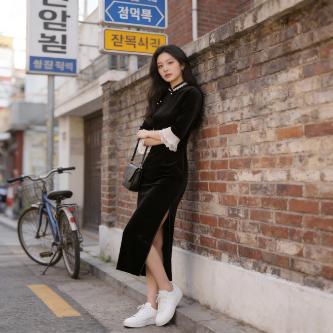 블랙 벨벳 레이스 칼라 치파오 여성 데일리 캐주얼 동양풍 롱 드레스