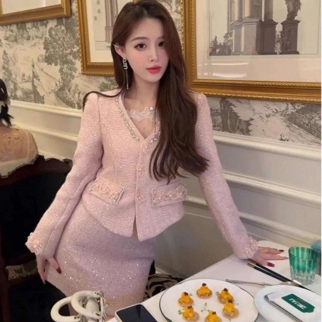 여성 트위드 자켓 + 치마 세트 프렌치 스타일 진주 장식 스커트 투피스 YLP