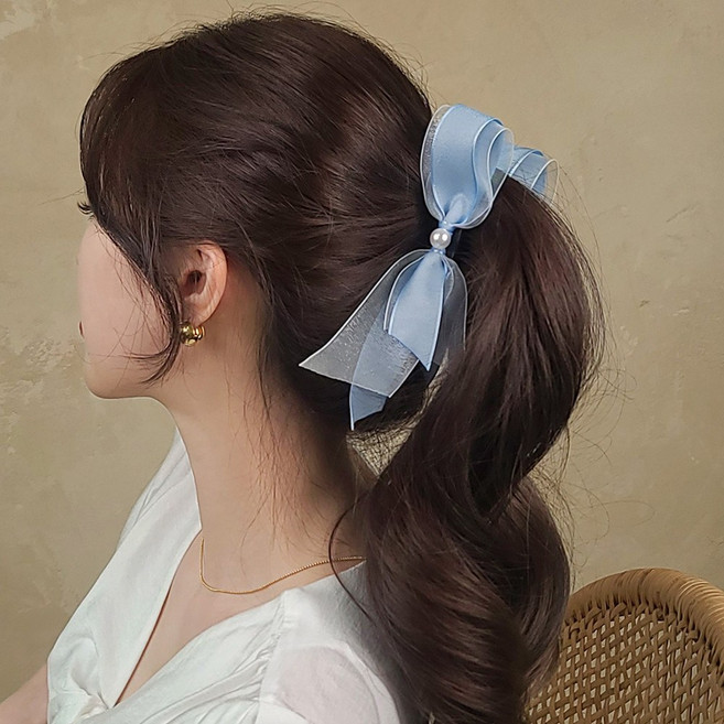 초콜리트쥬얼리 블레미르 진주 포인트 오간자 스웨이드 포니테일 헤어 집게 리본 바나나핀 - 4color