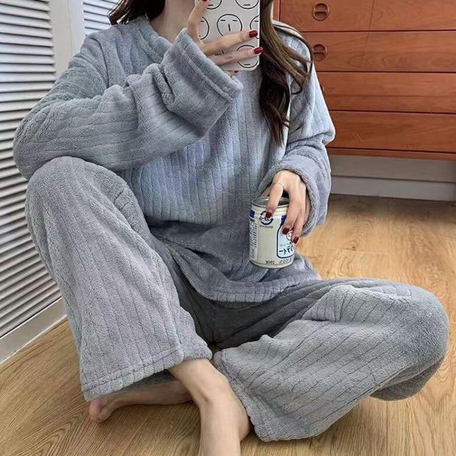 OSON 여성 수면 잠옷 겨울 긴팔 상하세트 투피스 파스텔 부드러운 따뜻한 실내복 홈웨어 극세사