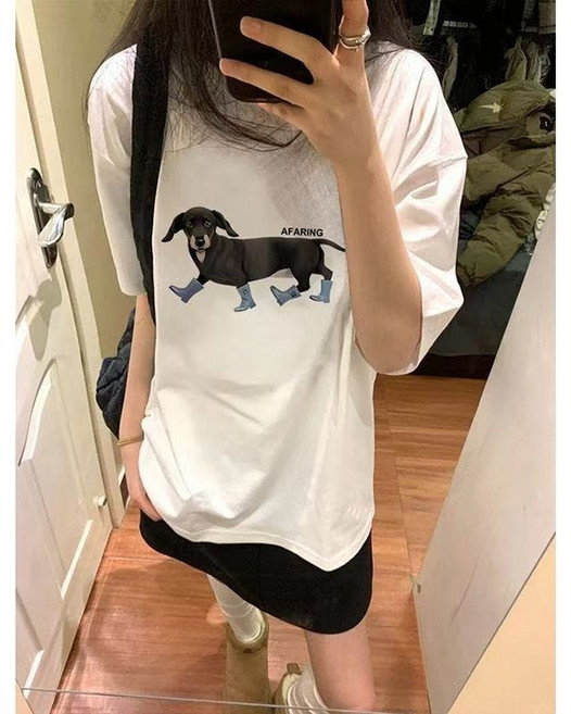 ANNE 韓系臘腸狗印花短袖T恤女