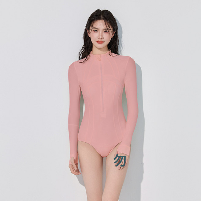米色連體泳衣女款潛水服游泳館專用長袖泳裝