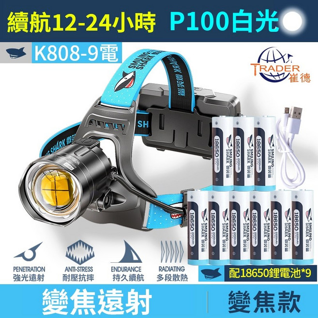 伸縮變焦 釣魚燈 露營燈 頭戴式頭燈 登山, 1個, 9電微笑鯊 K808-P100 頭燈