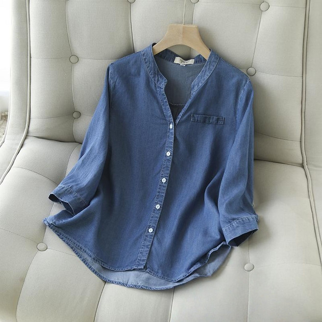 Makone 여성 봄여름 얇은 텐셀 데님 셔츠 7부소매 루즈핏 캐주얼 브이넥 심플 데일리 청남방 상의