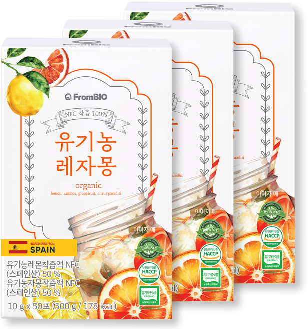 프롬바이오 레자몽 유기농 레몬즙 자몽즙 원액 100% 스틱 NFC 착즙, 3박스, 500g
