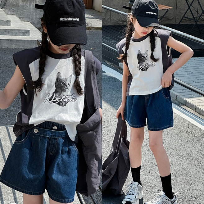 삐삐네옷가게 여아 초등학생 고양이 민소매 티셔츠 데님 반바지 세트