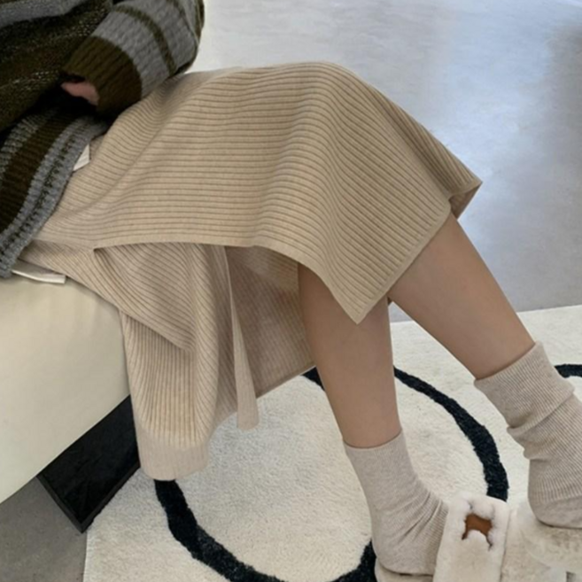 아이엠몽 여성 레이어드 랩 니트 밴딩 롱 스커트