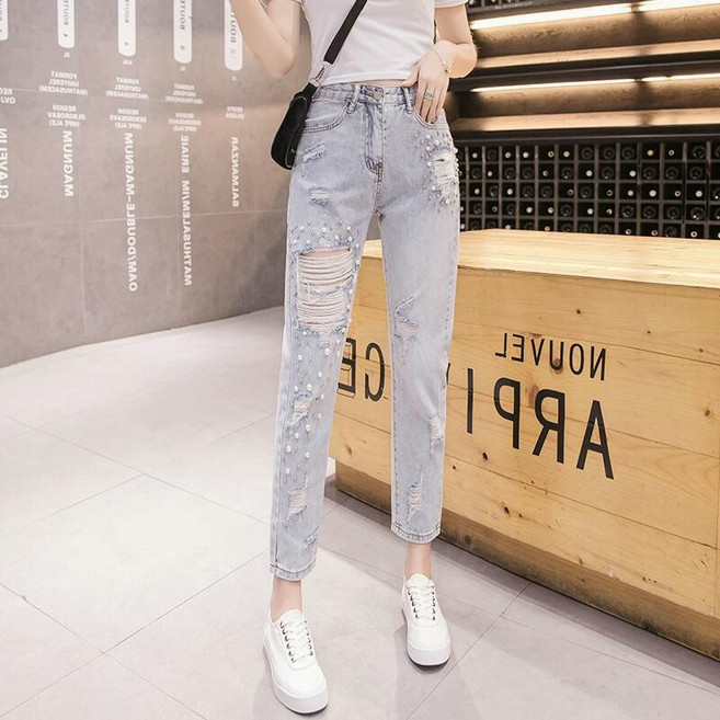여성용 봄 여름 빅사이즈 데일리 데님 팬츠 하이웨스트 슬림 9부 찢어진 청바지