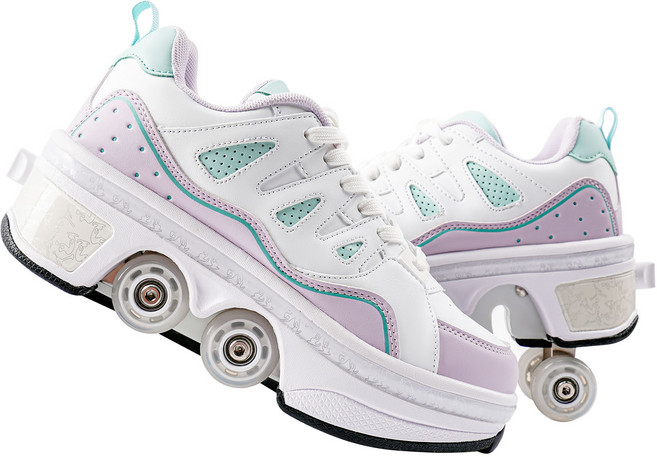 Pairduck남녀공용 접이식 롤러스케이트 인라인스케이트 LED 컬러 조명 포함 쿼드 스케이트, 1개, 흰색 보라색 로우탑 04
