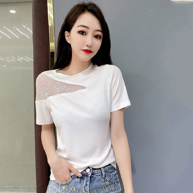 페이준 라틴 라인댄스복 오프숄더 큐빅 반팔 티셔츠 시스루 섹시 반팔티 재즈 밸리 댄스복상의 ADB413