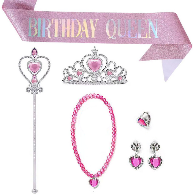 [청춘교복] 공주 생일 파티 용품 5종세트+어깨띠 축하 코스프레 연말 선물 소품 프린세스 코스튬 주얼리 왕관 요술봉 목걸이 액세사리, 1개, 연핑크-벌스데이퀸