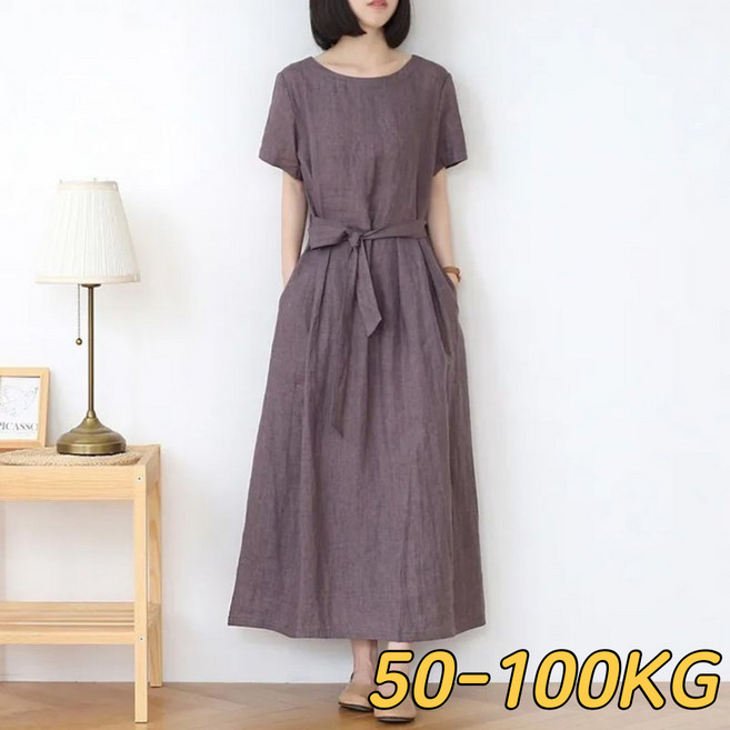 중년여성 라운드넥 린넨 반팔 원피스 오버핏 면마 빅사이즈 봄 여름 엄마옷 40대50대60대