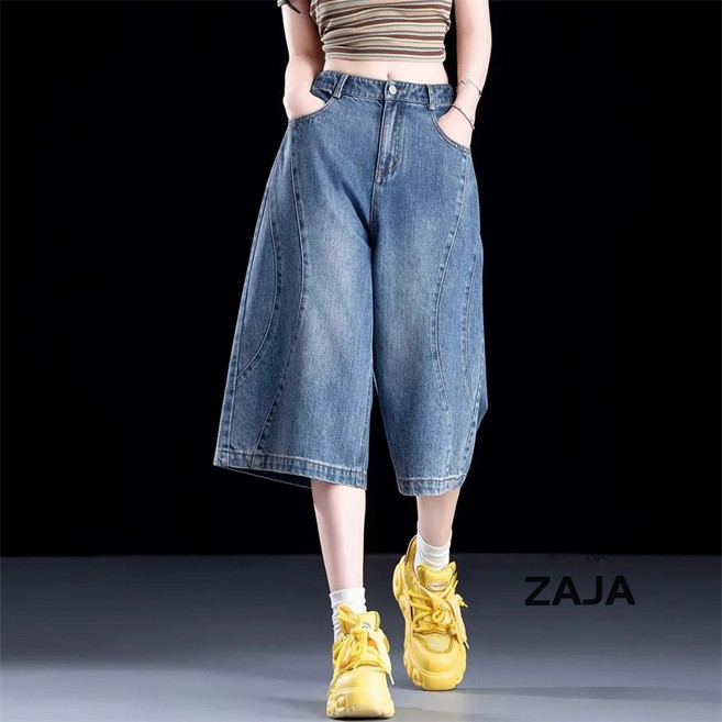 ZAJA 여름 여성 와이드 데님 반바지 캐주얼 데님하프팬츠 5부 청바지