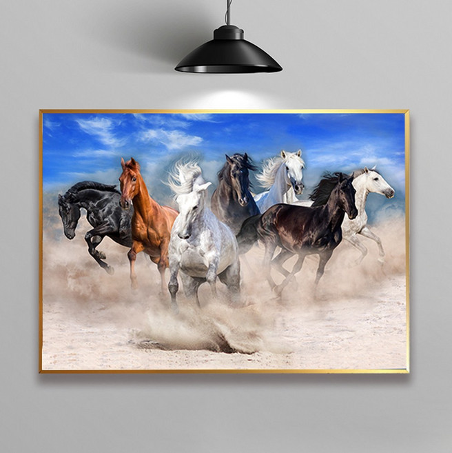 화색갤러리 풍수 인테리어 말 그림 액자 프리미엄 캔버스천으로 인화, 골드무광