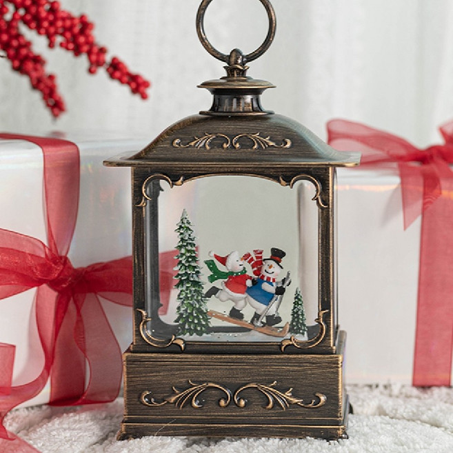 소형 직사각 랜턴 워터볼 오르골 마을 무드등 크리스마스 장식 소품, 스키