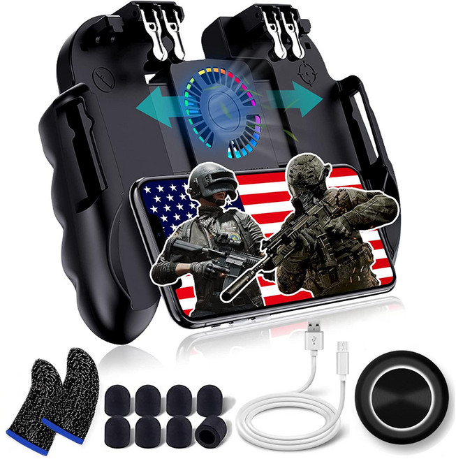 4 PUBG콜 오브 듀티포트나이트 6 핑거 모드 GAMR L1R1 L2R2 게이밍 그립 게임패드용 냉각팬 조절식 USB 모바일 게임 컨트롤러, 1개, Black