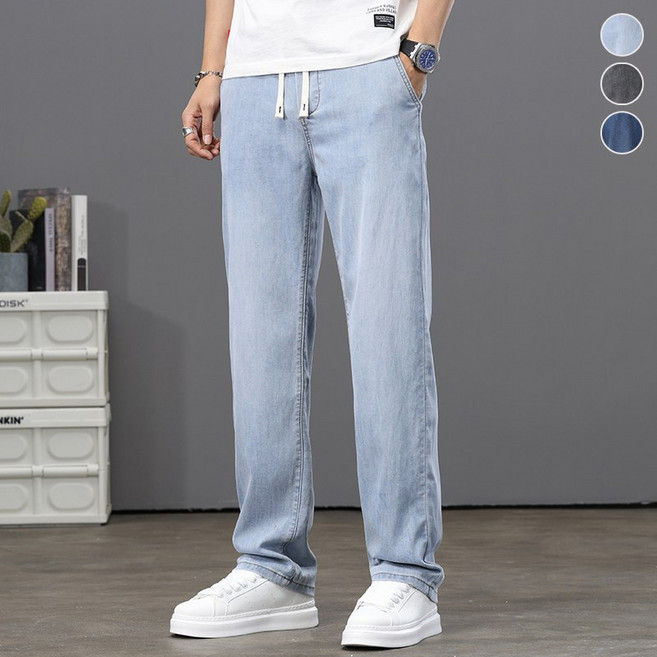 wassup 남자밴딩청바지 여름 쿨링 일자 텐셀청바지 루즈핏 긴 바지