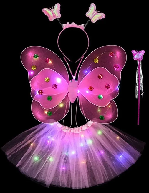 빛나는 날개 깜박이는 나비 스커트 조명 세트 LED 코스튬 소품 소녀 스커트 천사 2-8 세 부활절 발렌타인