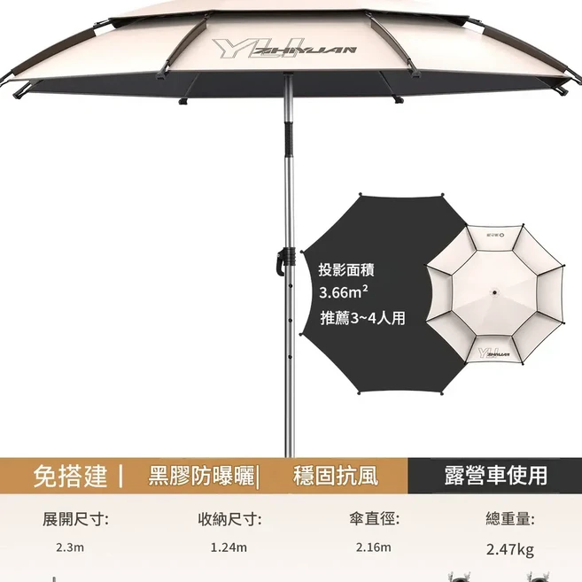 YZHULIAN 戶外露營遮陽傘 黑膠防曬行動式野餐車用傘 UPF 2000, 薦 配露營車用 一 固定牢固 2.4米 推薦3 一 4人使用, 1個, 1層