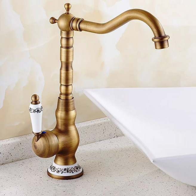 골동품 황동 세라믹 핸들 세면대 수도꼭지 골동품 회전식 욕실 수도꼭지 주방 수도꼭지 차가운 믹서 크레인 주방 수도꼭지, 1, 장교, 1개
