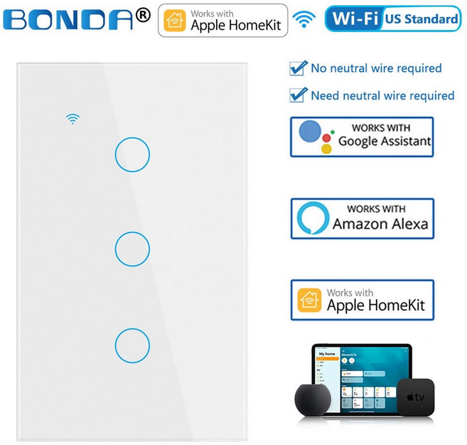 BONDA® 智慧開關 Wi-Fi US Standard 支援 Apple HomeKit Google Assistant Amazon Alexa, 1個