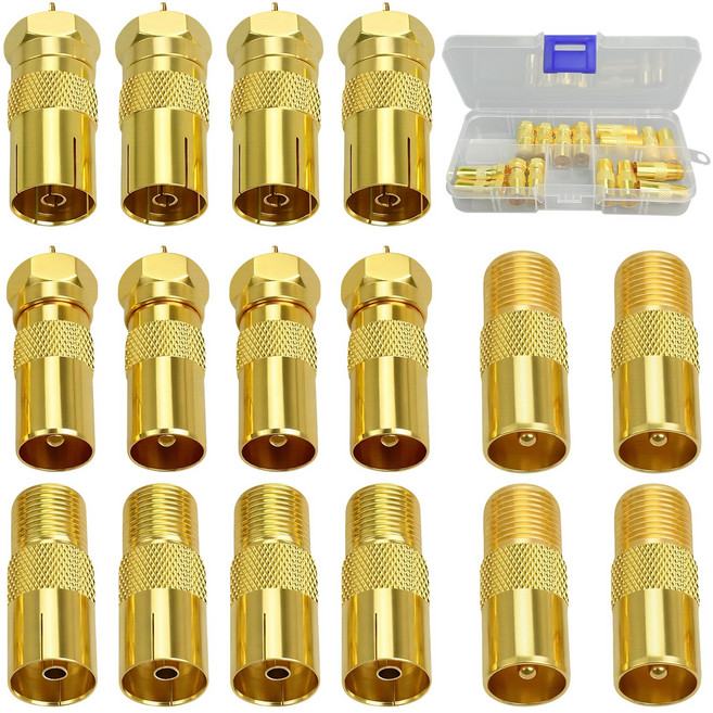 F형 TV 안테나 동축 커플러 위성 안테나 어댑터 세트 플러그-암형 TV 동축 커플러 F 커플링-동축 플러그 & IEC 암커넥터 (골드 도금), 1개, 금색
