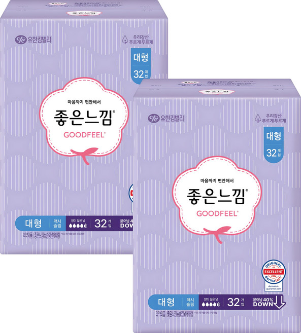 좋은느낌 슬림 생리대 날개형, 대형, 32개입, 2개