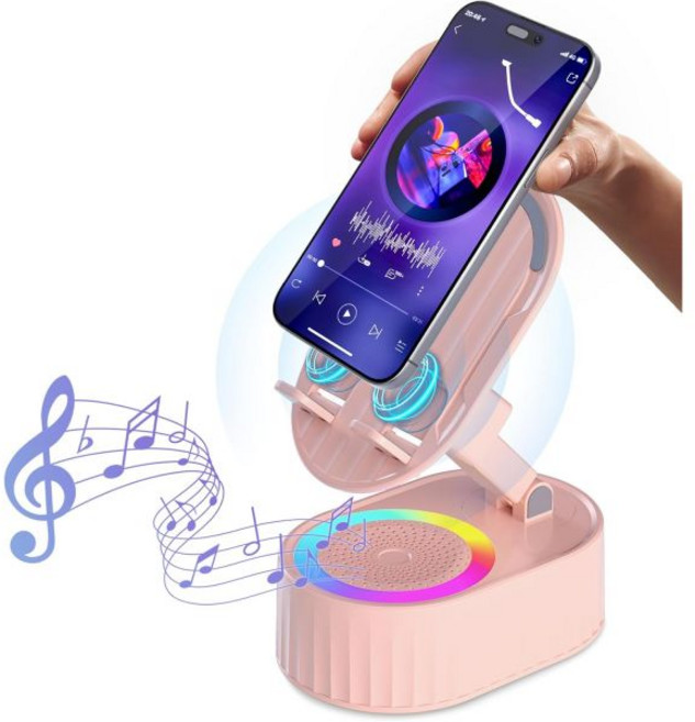 무선 인덕션 오디오 블루투스 스피커 5in1 휴대폰 홀더 비상 충전식 3000mAh 다채로운 앰비언트 라이트 300° 접이식 태블릿 아이폰 안드로이드 여성 생일 선물 핑크