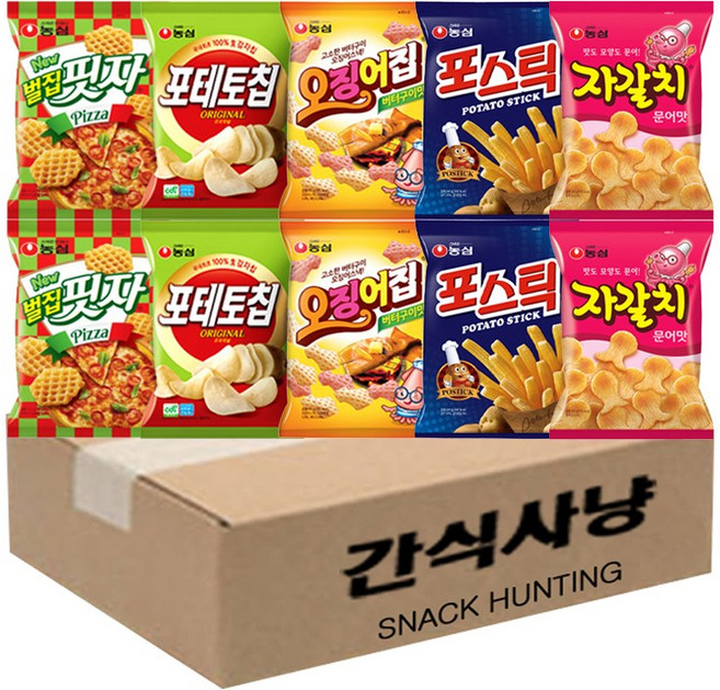 간식사냥 농심 벌집핏자+포테토칩+오징어집+포스틱+자갈치 2봉씩, 1개