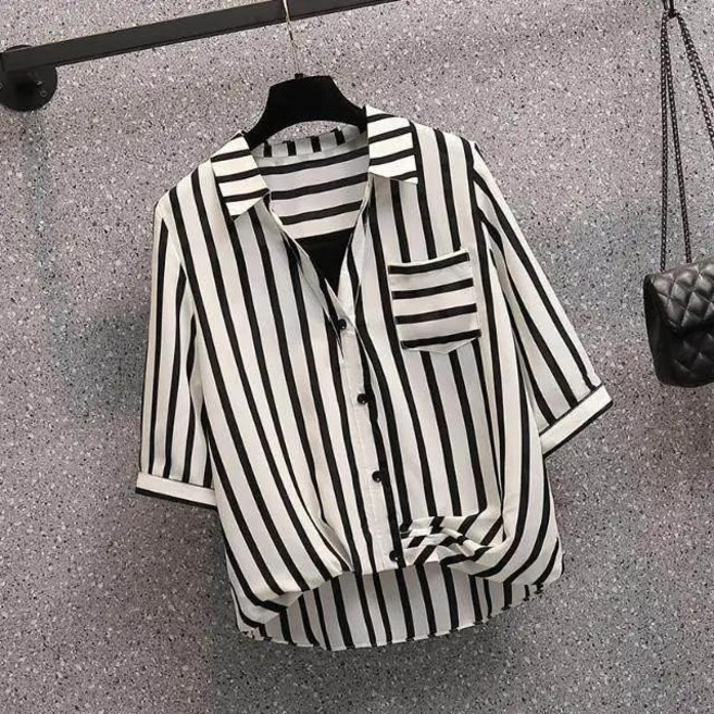 條紋短袖襯衫 寬鬆顯瘦大尺碼女裝