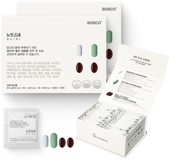 보스코 뉴트리4 멀티비타민 밀크씨슬 코큐텐 루테인 오메가3 올인원 한팩 종합영양제, 2박스