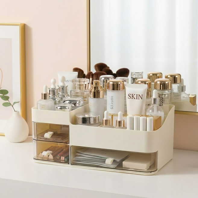 아벨리움 공간정돈 대용량 화장품 정리함, 1개, 크림화이트