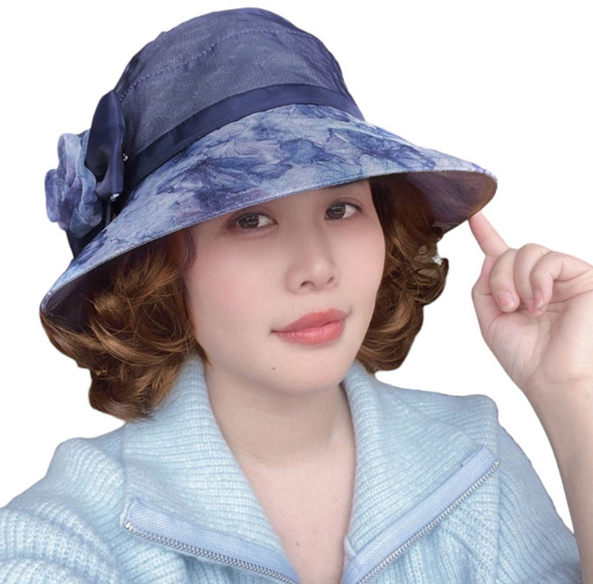 가발위드 통기성 좋은 에어리 헤어탑 플라워 중년 단발 모자가발, 1개, 블루 라이트브라운