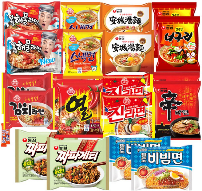 [블루존] 인기봉지라면 낱개 10종 20봉입 A세트 (신라면2+진라면 매운2+김치면2+너구리2+해물2+팔도비빔면2+열라면2+안성탕면2+짜파게티2+스낵2), 1세트