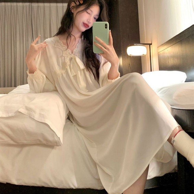 Skyciky 여성 봄가을 아이스 실크 레이스 긴팔 홈웨어 원피스 공주풍 중장기장 달콤 잠옷 GG873