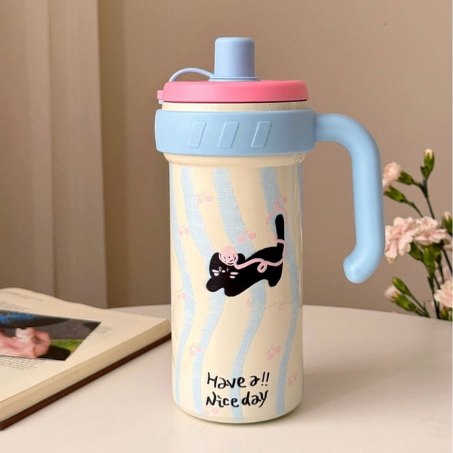 고급스러운 디자인의 보온 물컵 낙하 방지 아이스컵 빨대컵 휴대용 커피컵 스포츠 야외용 물병, 1000ML, 화려한 색상의 아이스 텀블러-블루 키티