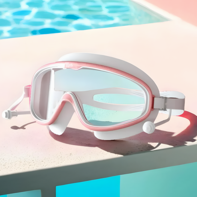 투펄슨 김서림방지 귀마개 일체형 와이드렌즈 고글 물안경 + 보관케이스, 화이트&핑크, 1개