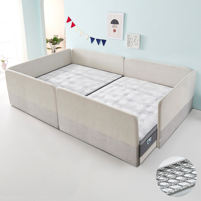 가이온 꽃잠 저상형 패밀리 가족침대, 1500둥지형_퀸+퀸_본넬매트_크림연그레이