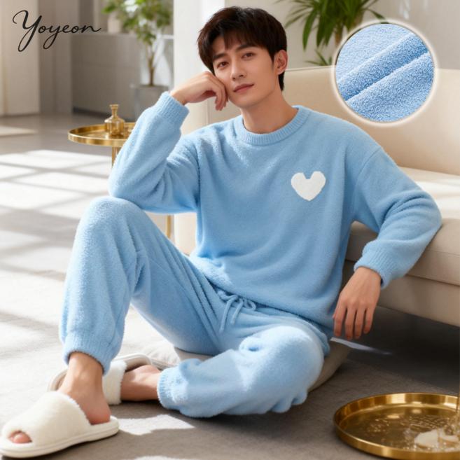 커플용 겨울 하트 포인트 두꺼운 기모잠옷 홈웨어 상하세트