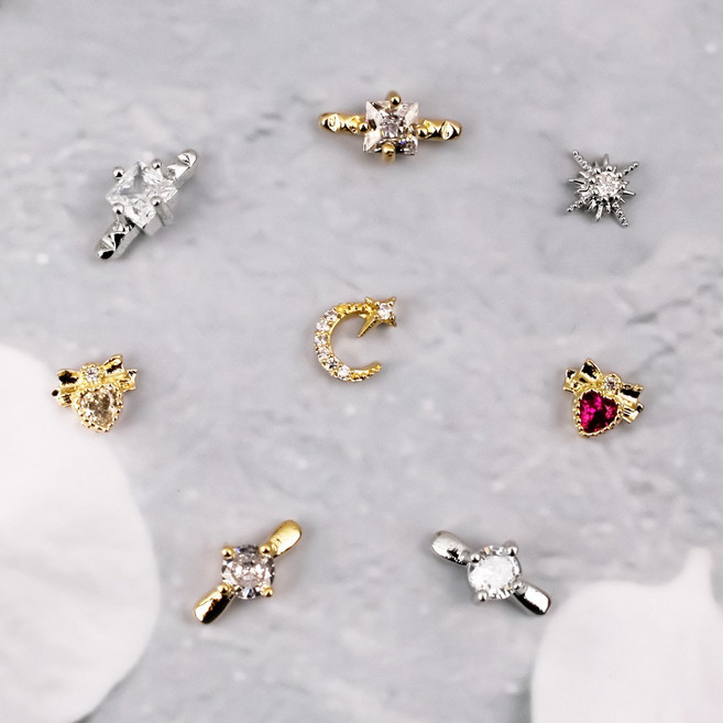 크리스탈 네일 파츠 8종, 1개, 네일파츠 크리스탈 - 원형반지 골드(3개입)