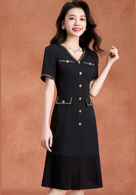 法式撞色小香風連身裙 奢華氣質長裙 韓係時髦飄逸百褶裙 顯瘦修身收腰洋裝, 黑色,M