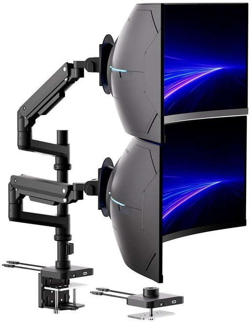 Mount-It! Proflex 시리즈 스태킹 듀얼 울트라 와이드 모니터 암 17–49인치 스크린용 높이 조절 가능한 폴 튼튼한 가스 스프링 USB-C 및 USB 3.0, Mount-It! Proflex 시리즈 스태킹 듀얼 울