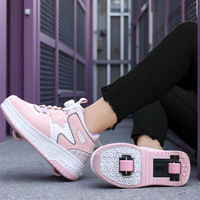 JINPEI 바퀴달린신발 운동화 더블 휠 운동화 변형 휠 남녀공용 운동화 탈착식 휠슈 인라인 스케이트 바퀴달린 신발 간편한 롤러슈즈 운동화 더블휠, 핑크색, 1개