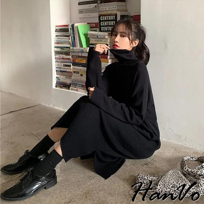 HanVo 保暖刷毛合身高領側開衩棉質長洋裝 - 韓版修身顯瘦, 黑色